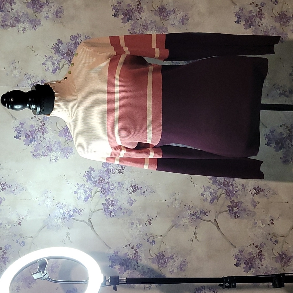 NWT Striped burgundy & blush pink mock neck form fitting sweater, sz. Large